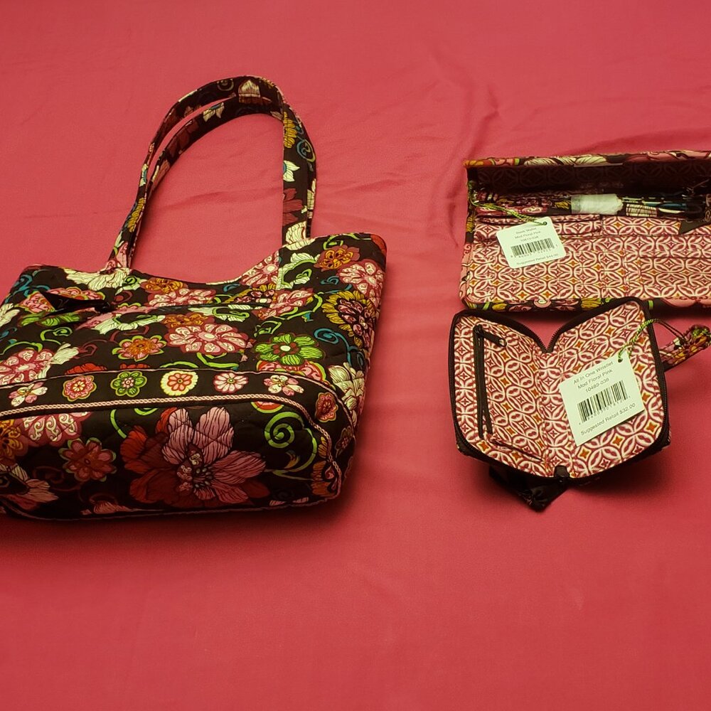Brand New Vera Bradley Mod Floral Pink Tote w/ Wallet & Wristlet Set - Picture 6 of 11